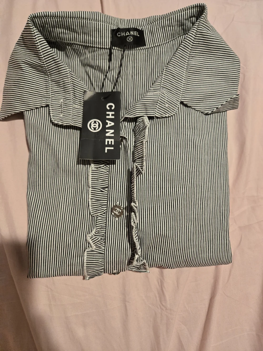 CHANEL Black & White Striped Button-Down Shirt